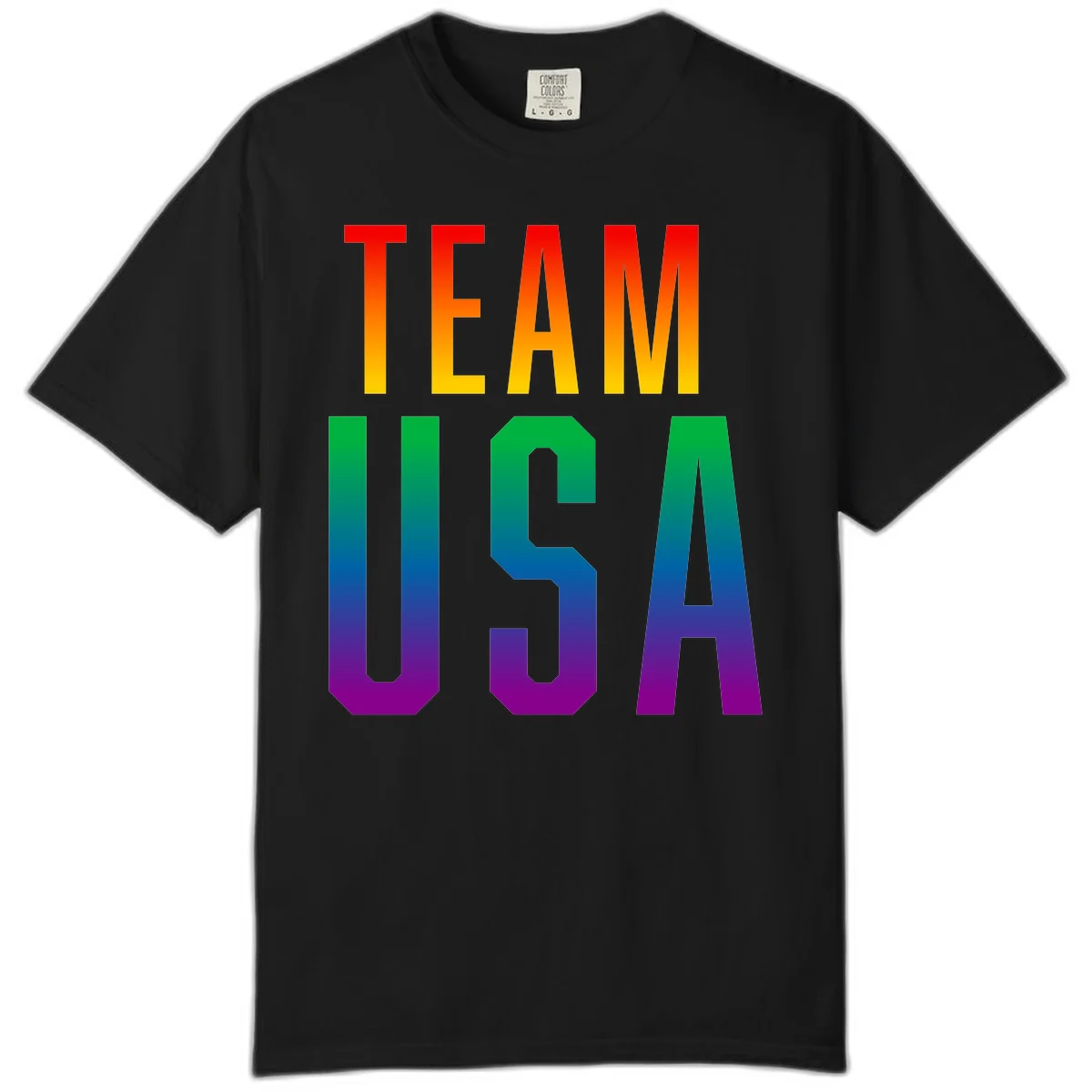 Team USA rainbow pride design with bold text gradient from red to purple representing LGBTQ+ flag colors in Black