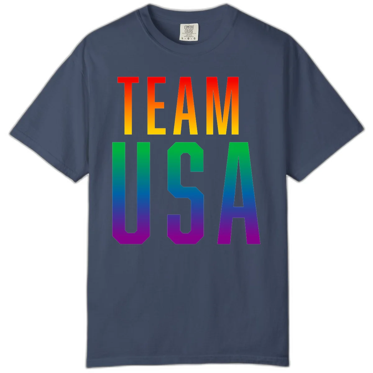 Team USA rainbow pride design with bold text gradient from red to purple representing LGBTQ+ flag colors in Midnight