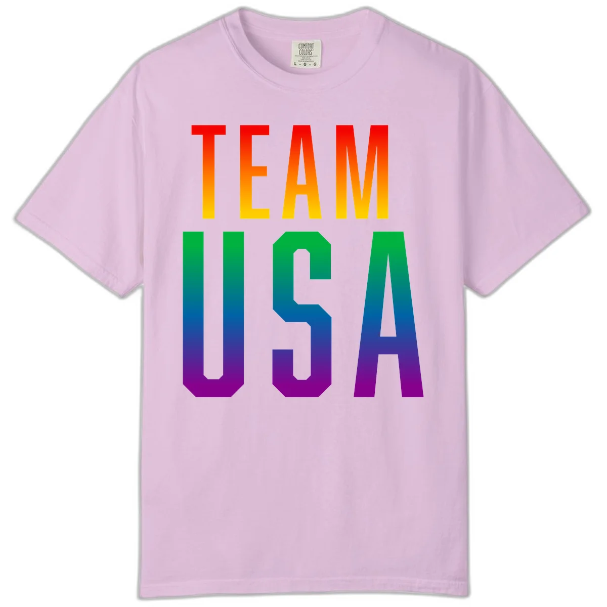 Team USA rainbow pride design with bold text gradient from red to purple representing LGBTQ+ flag colors in Orchid