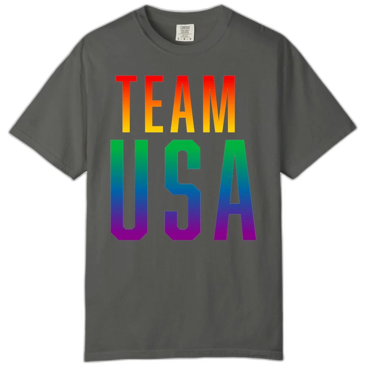 Team USA rainbow pride design with bold text gradient from red to purple representing LGBTQ+ flag colors in Pepper