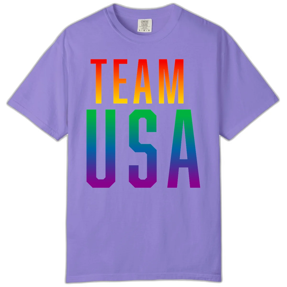Team USA rainbow pride design with bold text gradient from red to purple representing LGBTQ+ flag colors in Violet