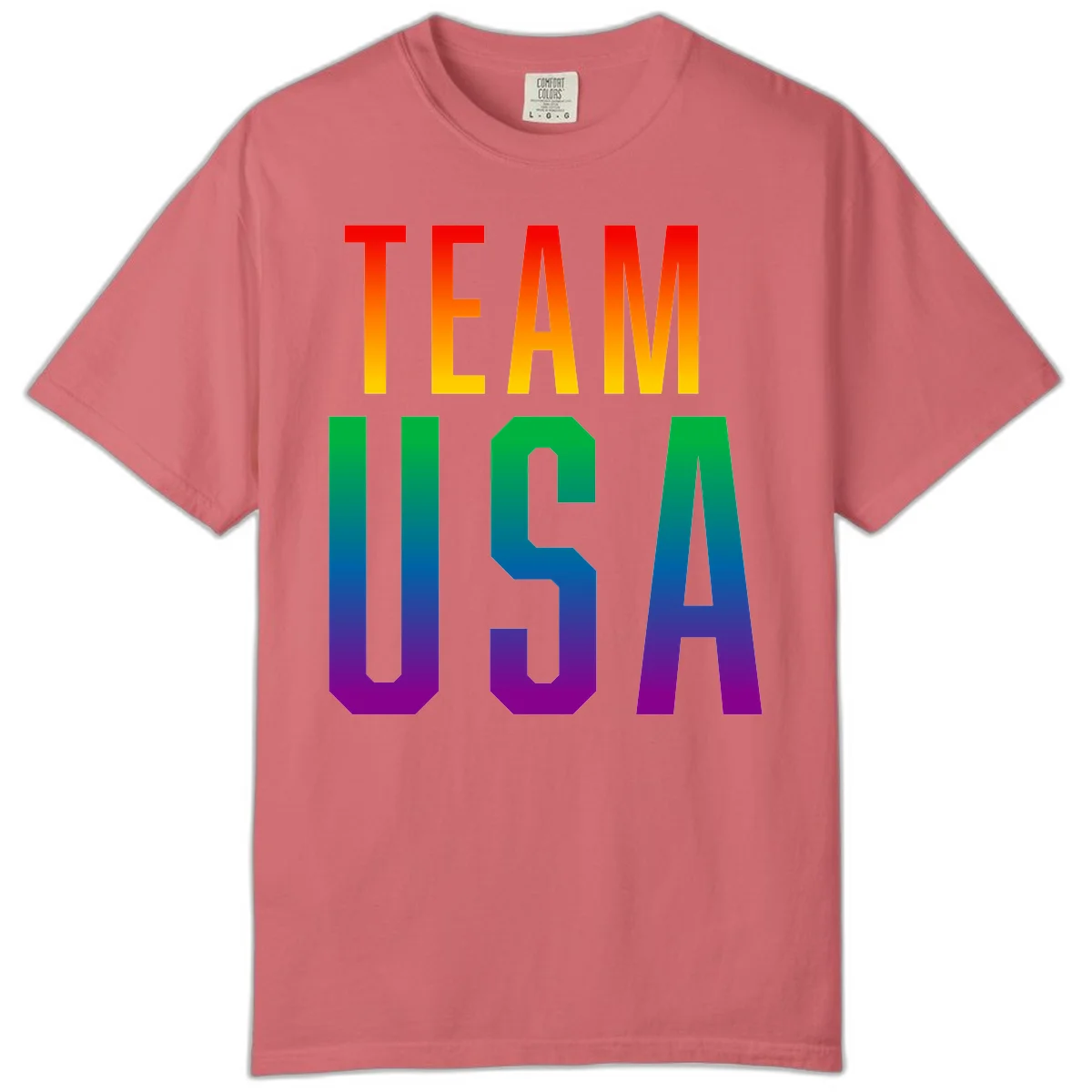 Team USA rainbow pride design with bold text gradient from red to purple representing LGBTQ+ flag colors in Watermelon