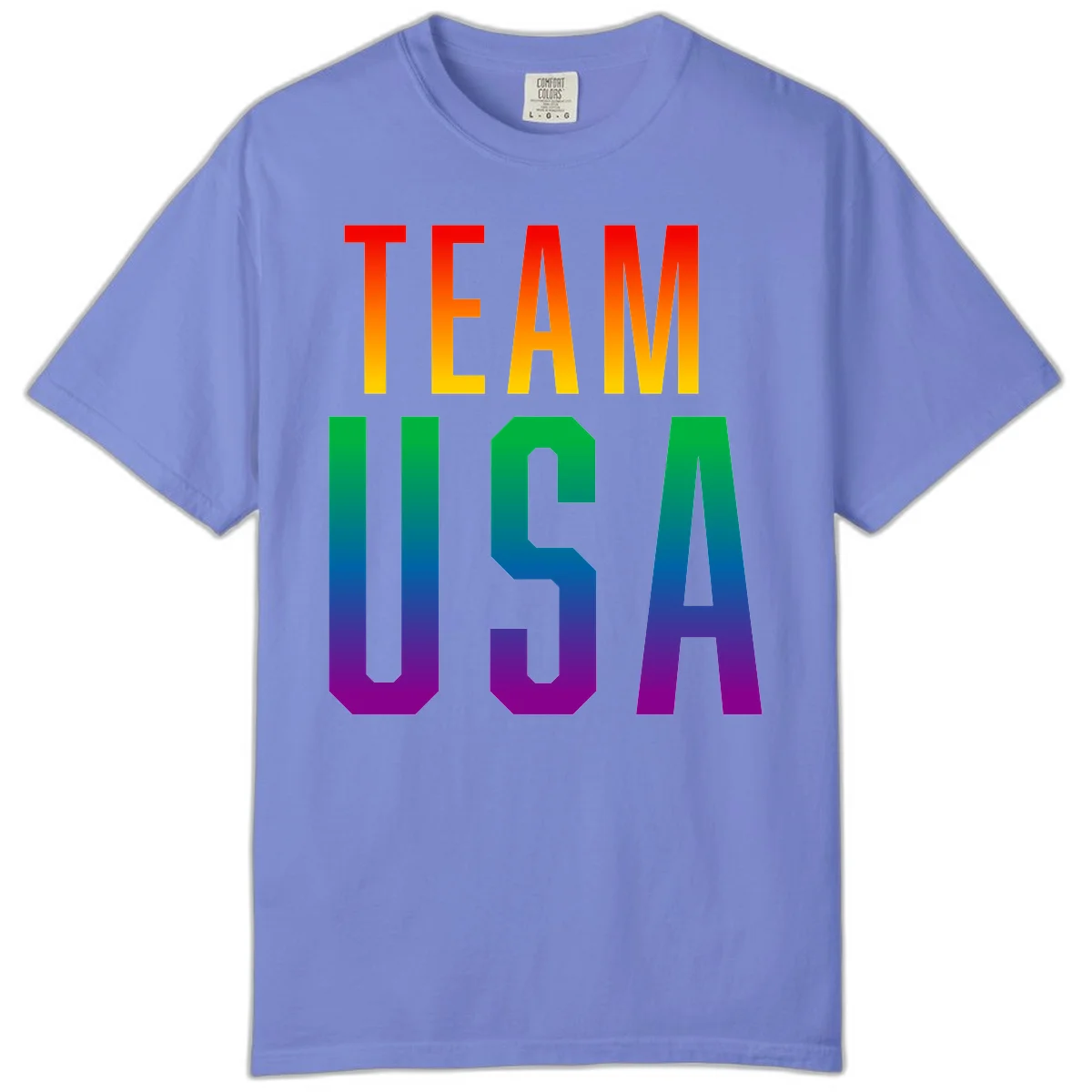 Team USA rainbow pride design with bold text gradient from red to purple representing LGBTQ+ flag colors in Flo Blue