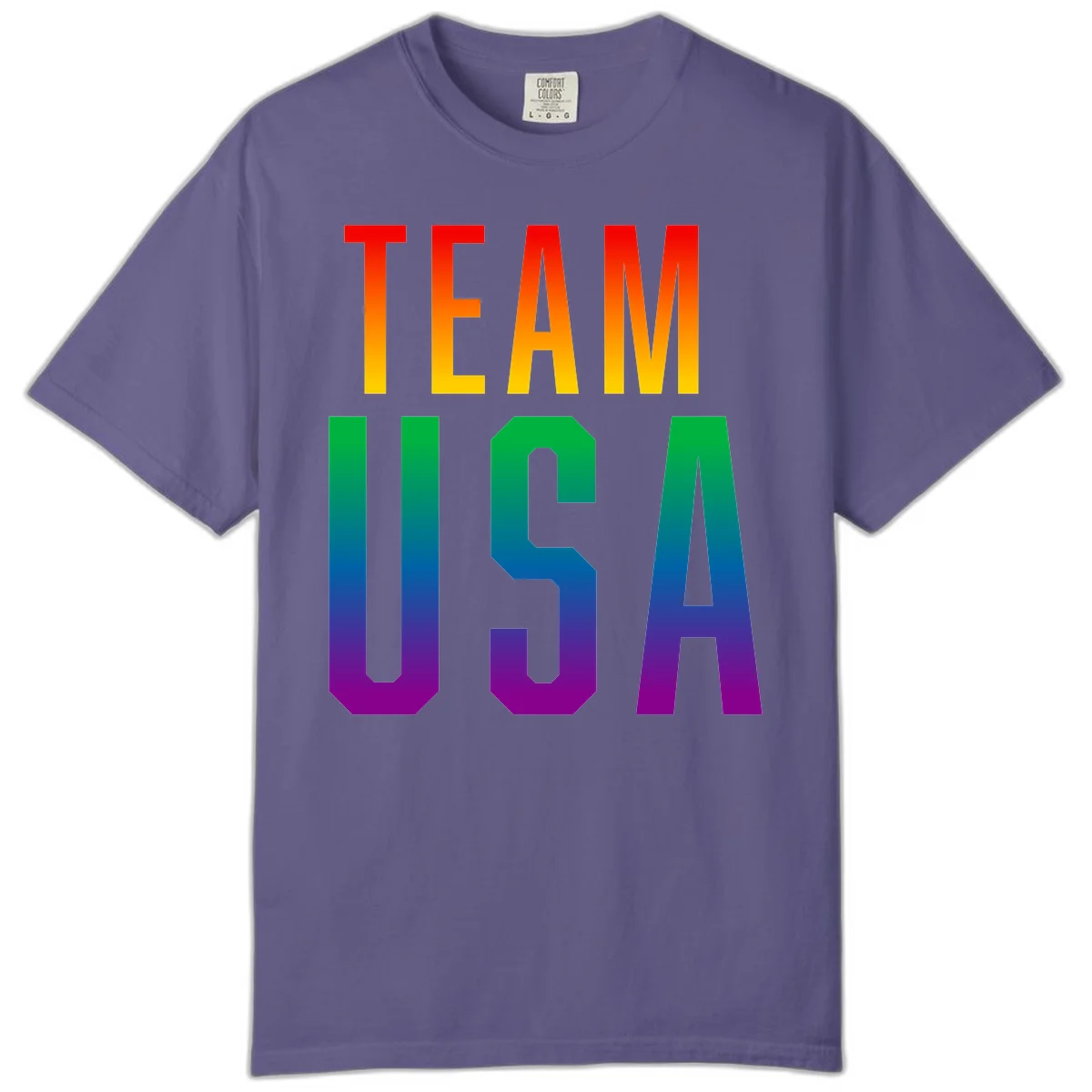 Team USA rainbow pride design with bold text gradient from red to purple representing LGBTQ+ flag colors in Grape