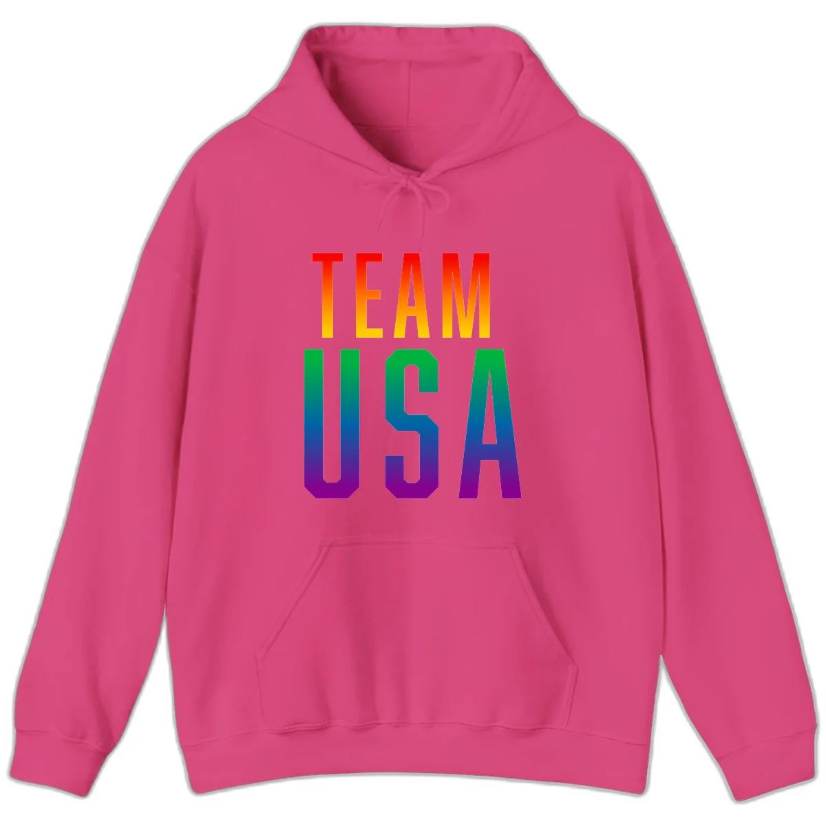 Team USA rainbow pride design with bold text gradient from red to purple representing LGBTQ+ flag colors in Heliconia