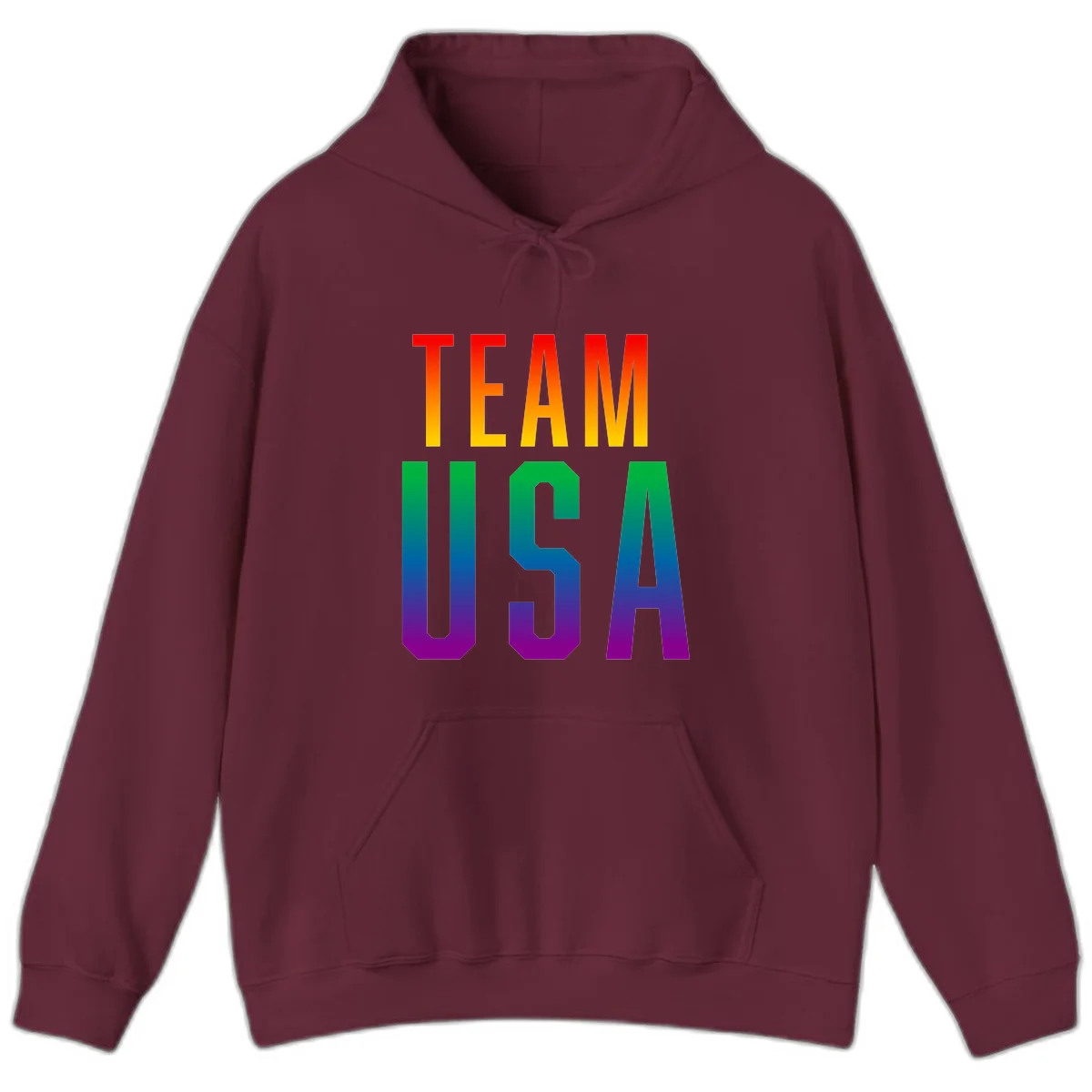 Team USA rainbow pride design with bold text gradient from red to purple representing LGBTQ+ flag colors in Maroon