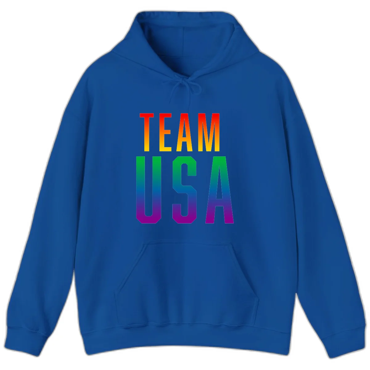 Team USA rainbow pride design with bold text gradient from red to purple representing LGBTQ+ flag colors in Royal