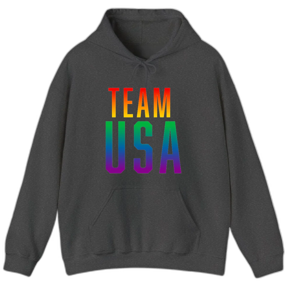 Team USA rainbow pride design with bold text gradient from red to purple representing LGBTQ+ flag colors in Dark Heather