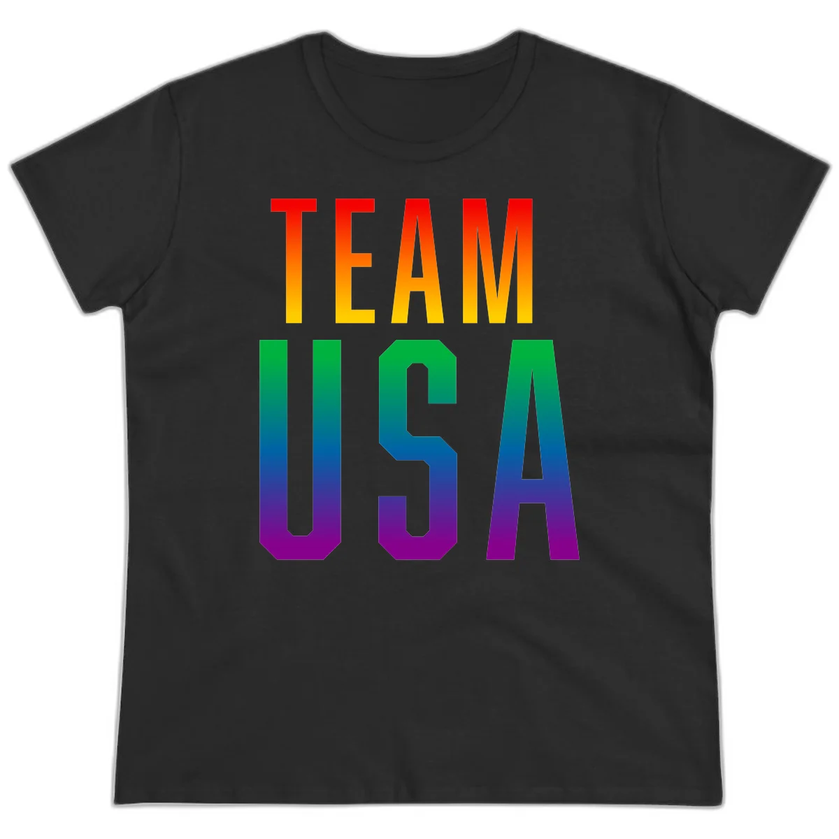 Team USA rainbow pride design with bold text gradient from red to purple representing LGBTQ+ flag colors in Black