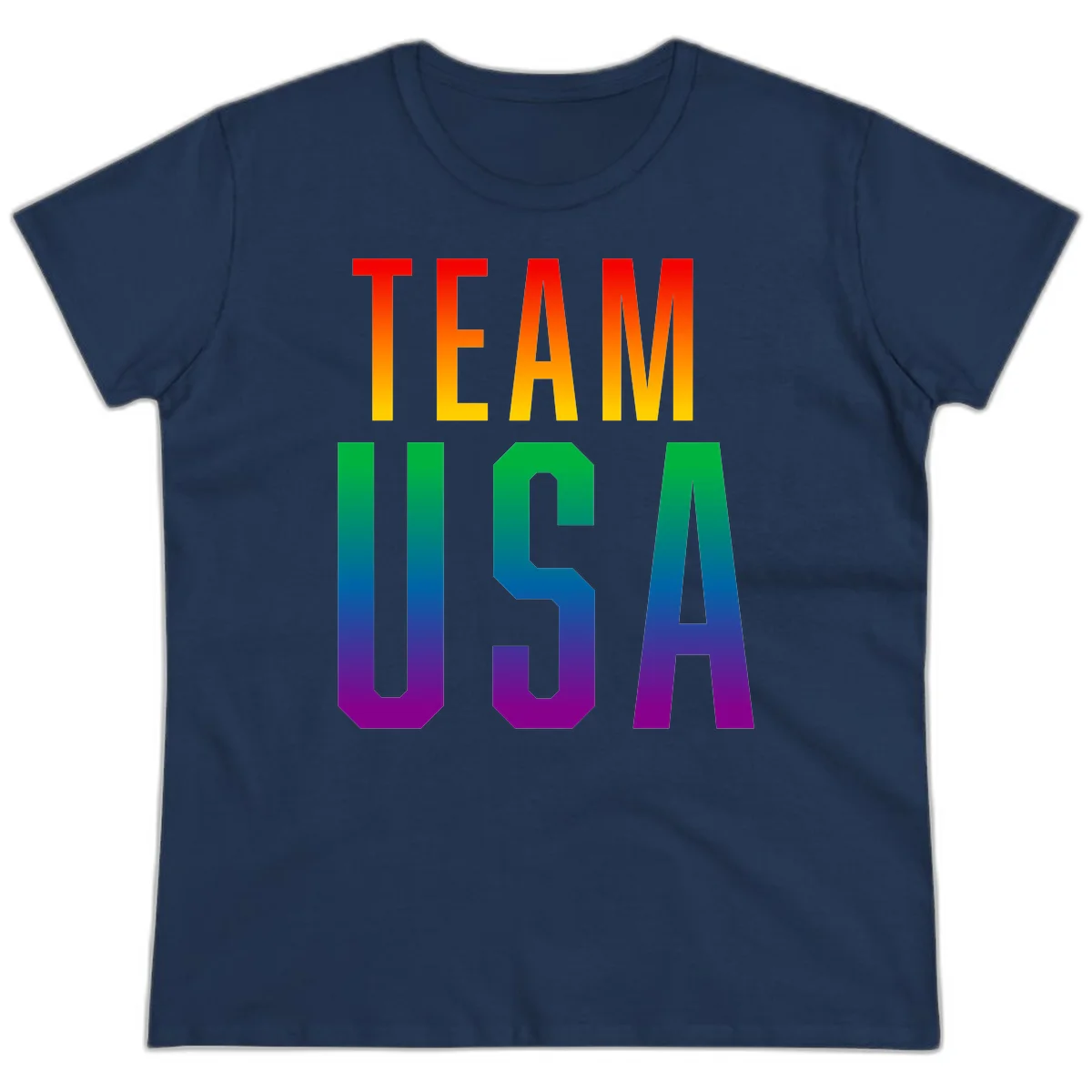 Team USA rainbow pride design with bold text gradient from red to purple representing LGBTQ+ flag colors in Navy