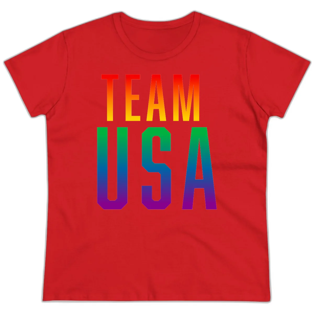 Team USA rainbow pride design with bold text gradient from red to purple representing LGBTQ+ flag colors in Red