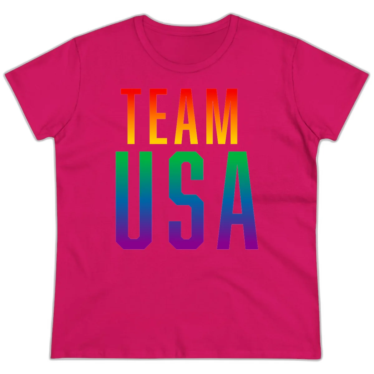 Team USA rainbow pride design with bold text gradient from red to purple representing LGBTQ+ flag colors in Heliconia