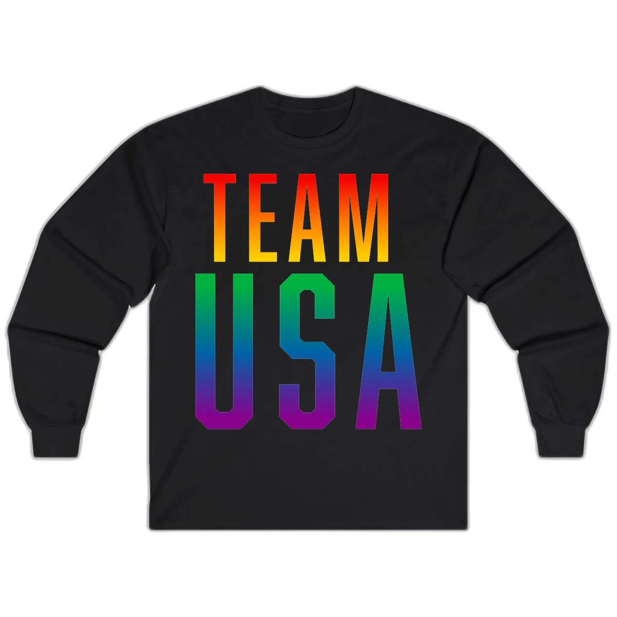 Team USA rainbow pride design with bold text gradient from red to purple representing LGBTQ+ flag colors in Black
