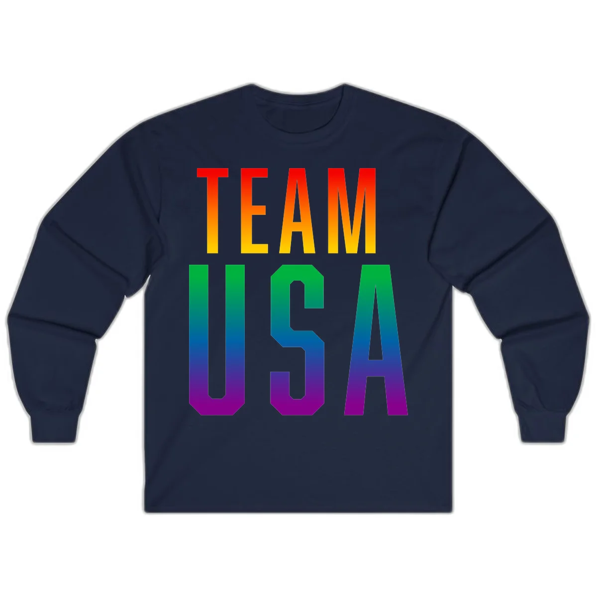Team USA rainbow pride design with bold text gradient from red to purple representing LGBTQ+ flag colors in Navy