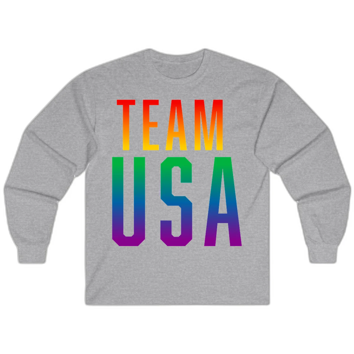 Team USA rainbow pride design with bold text gradient from red to purple representing LGBTQ+ flag colors in Sport Grey