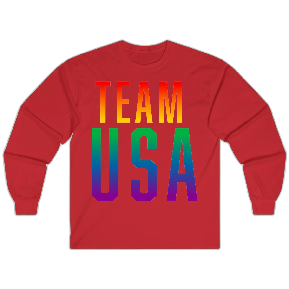 Team USA rainbow pride design with bold text gradient from red to purple representing LGBTQ+ flag colors in Red