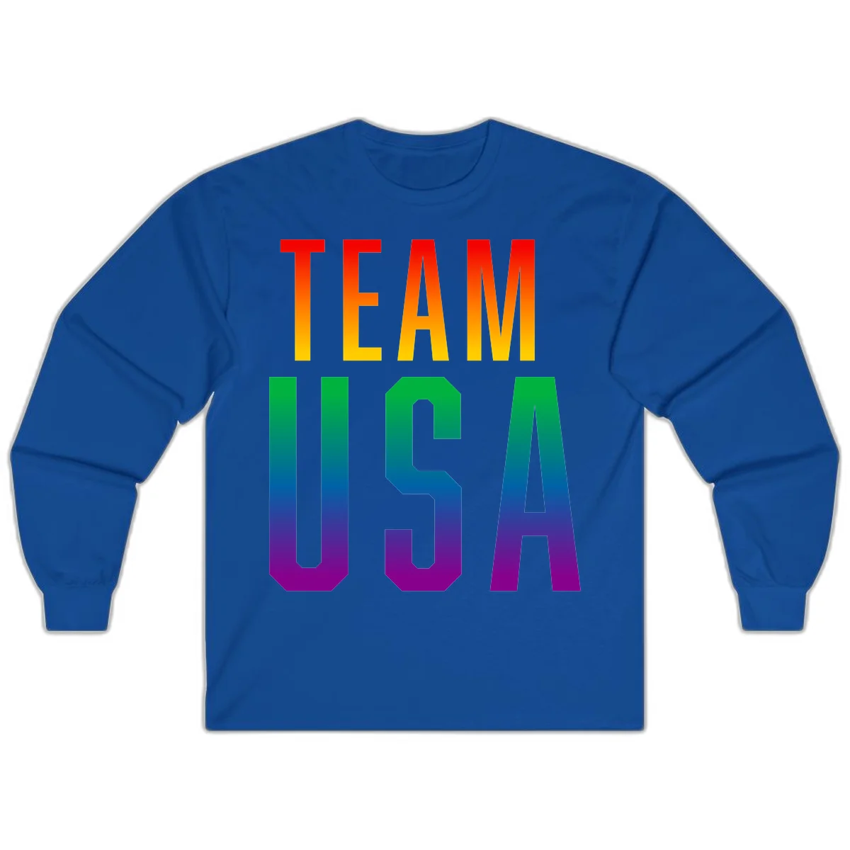 Team USA rainbow pride design with bold text gradient from red to purple representing LGBTQ+ flag colors in Royal