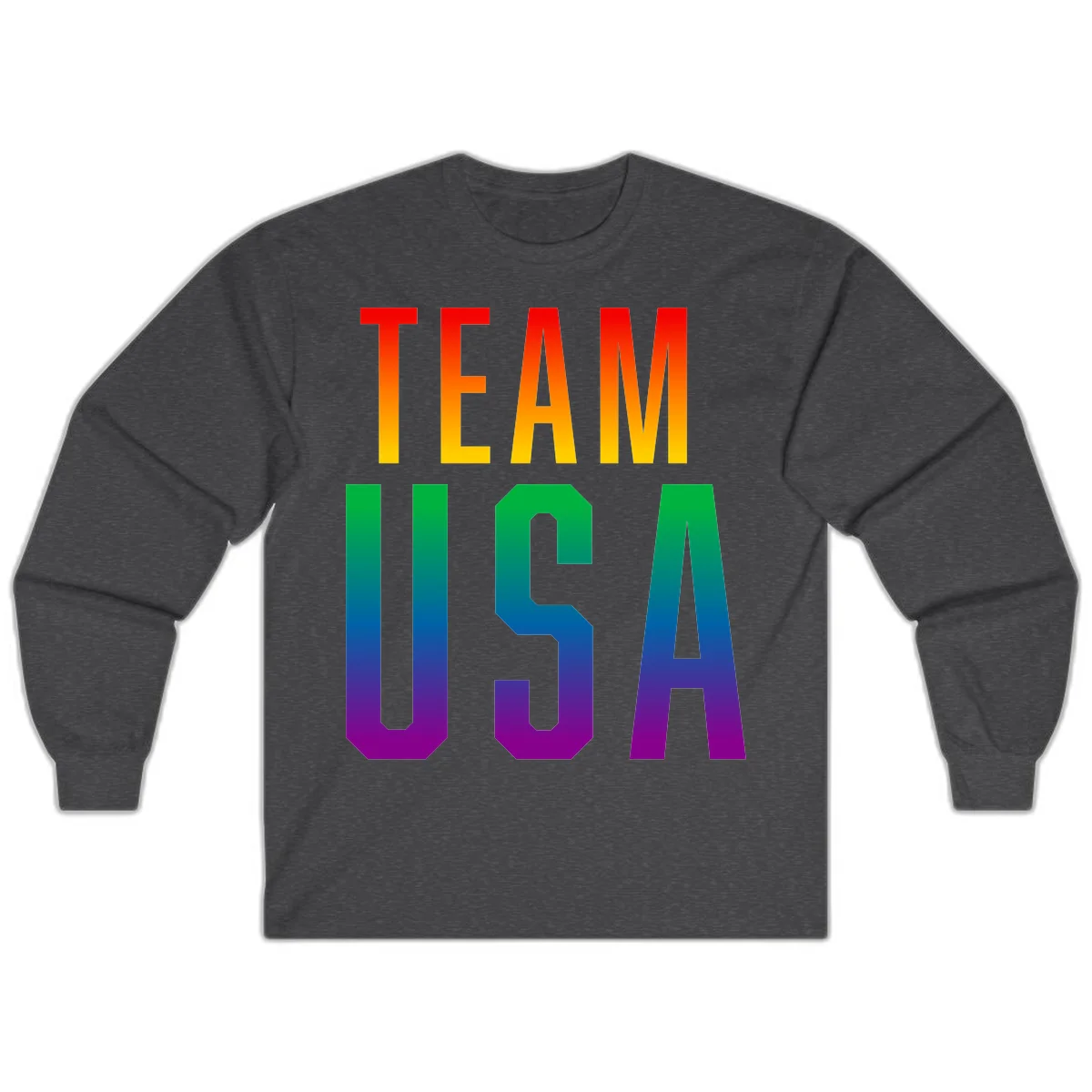 Team USA rainbow pride design with bold text gradient from red to purple representing LGBTQ+ flag colors in Dark Heather