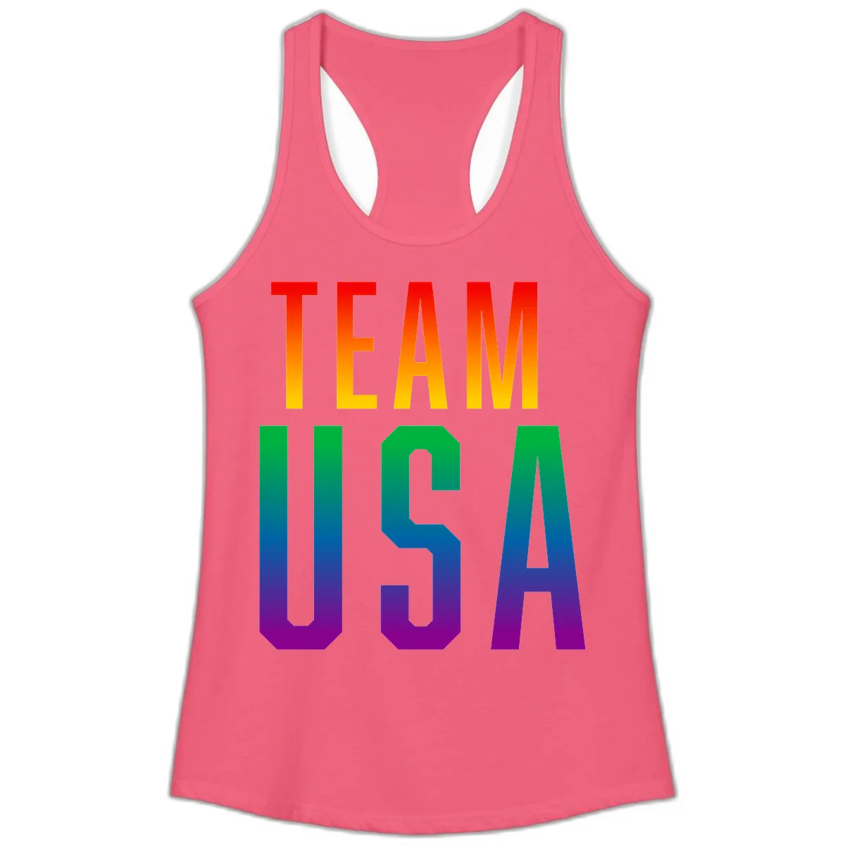 Team USA rainbow pride design with bold text gradient from red to purple representing LGBTQ+ flag colors in Hot Pink