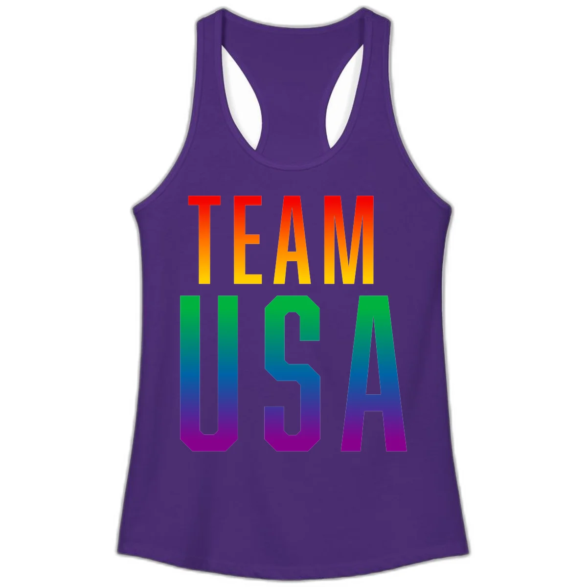 Team USA rainbow pride design with bold text gradient from red to purple representing LGBTQ+ flag colors in Solid Purple Rush