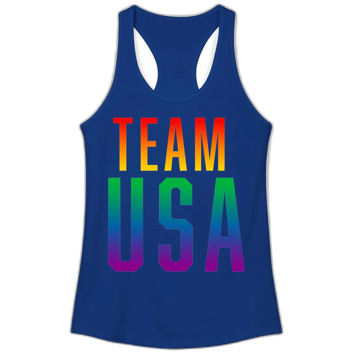 Team USA rainbow pride design with bold text gradient from red to purple representing LGBTQ+ flag colors in Solid Royal