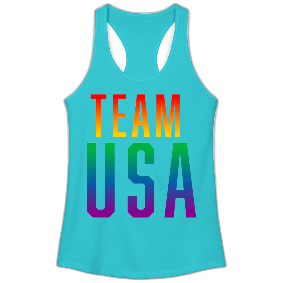 Team USA rainbow pride design with bold text gradient from red to purple representing LGBTQ+ flag colors in Solid Tahiti Blue