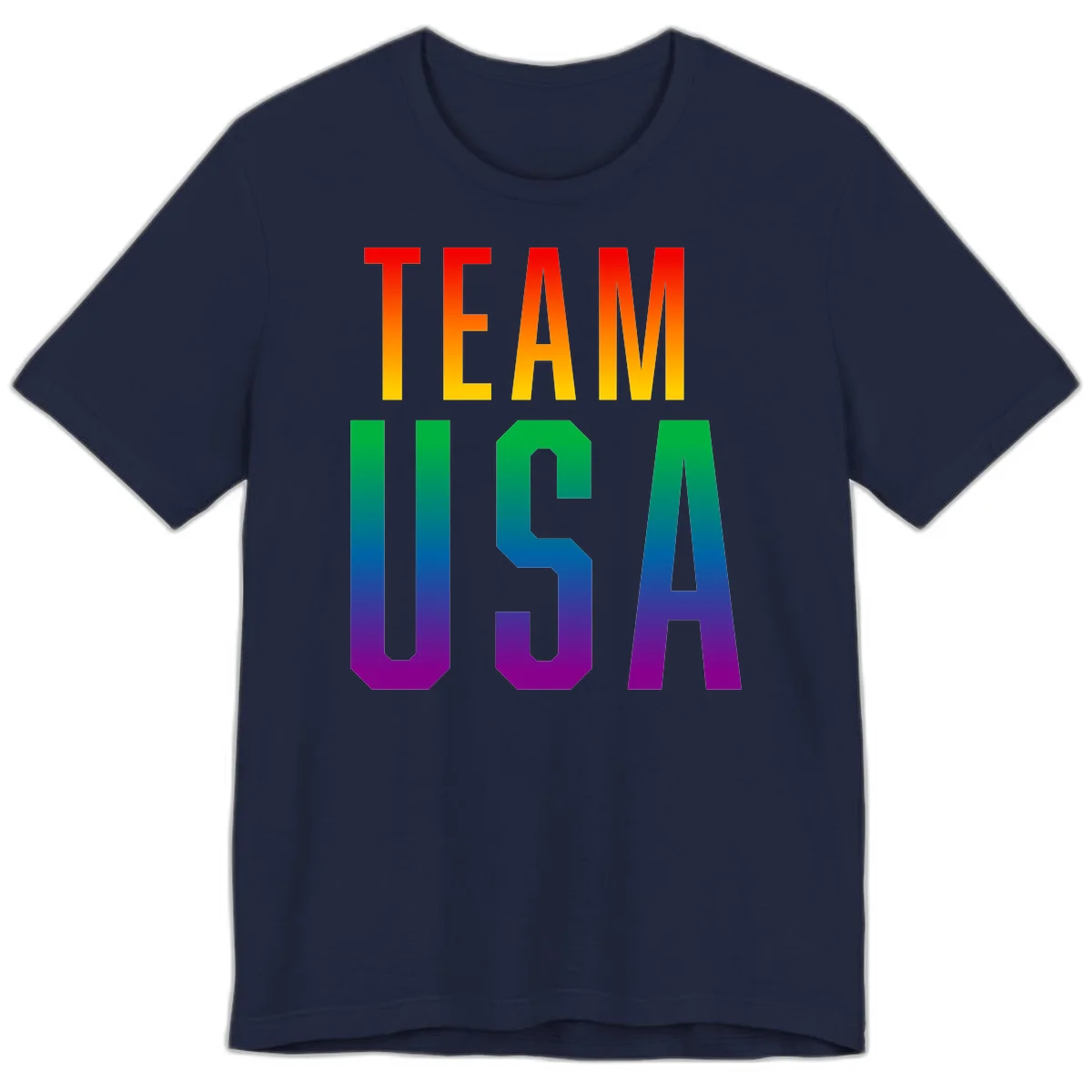 Team USA rainbow pride design with bold text gradient from red to purple representing LGBTQ+ flag colors in Navy