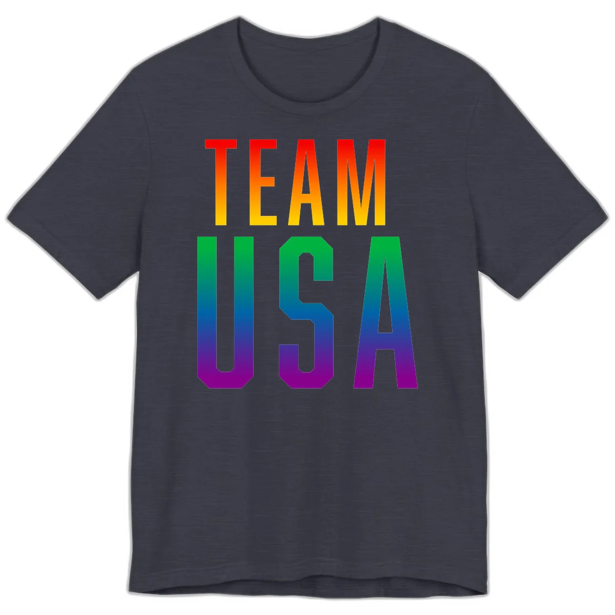 Team USA rainbow pride design with bold text gradient from red to purple representing LGBTQ+ flag colors in Heather Midnight Navy