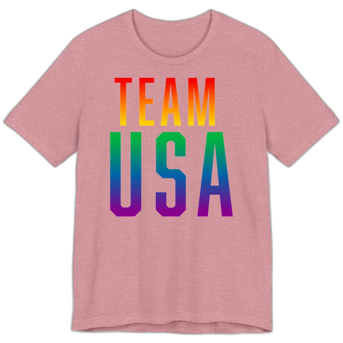 Team USA rainbow pride design with bold text gradient from red to purple representing LGBTQ+ flag colors in Heather Orchid