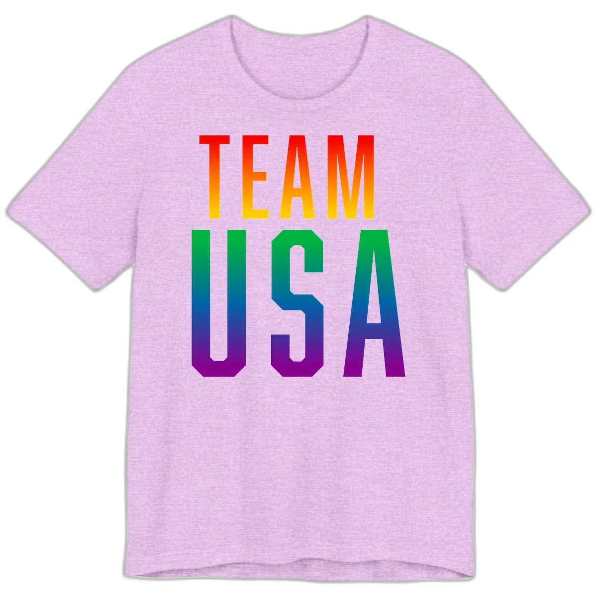 Team USA rainbow pride design with bold text gradient from red to purple representing LGBTQ+ flag colors in Heather Prism Lilac