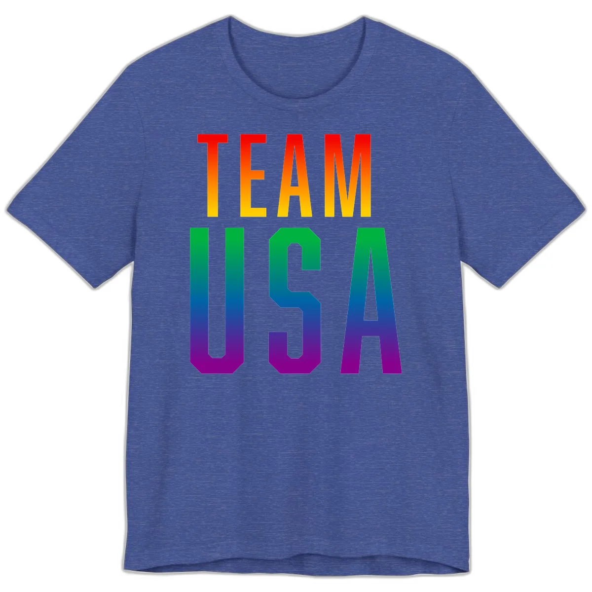 Team USA rainbow pride design with bold text gradient from red to purple representing LGBTQ+ flag colors in Heather True Royal