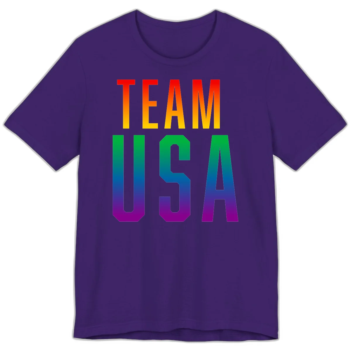 Team USA rainbow pride design with bold text gradient from red to purple representing LGBTQ+ flag colors in Team Purple
