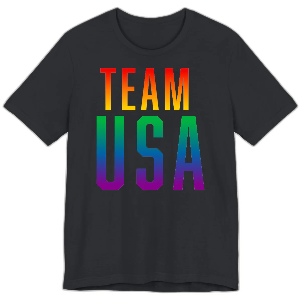 Team USA rainbow pride design with bold text gradient from red to purple representing LGBTQ+ flag colors in Vintage Black