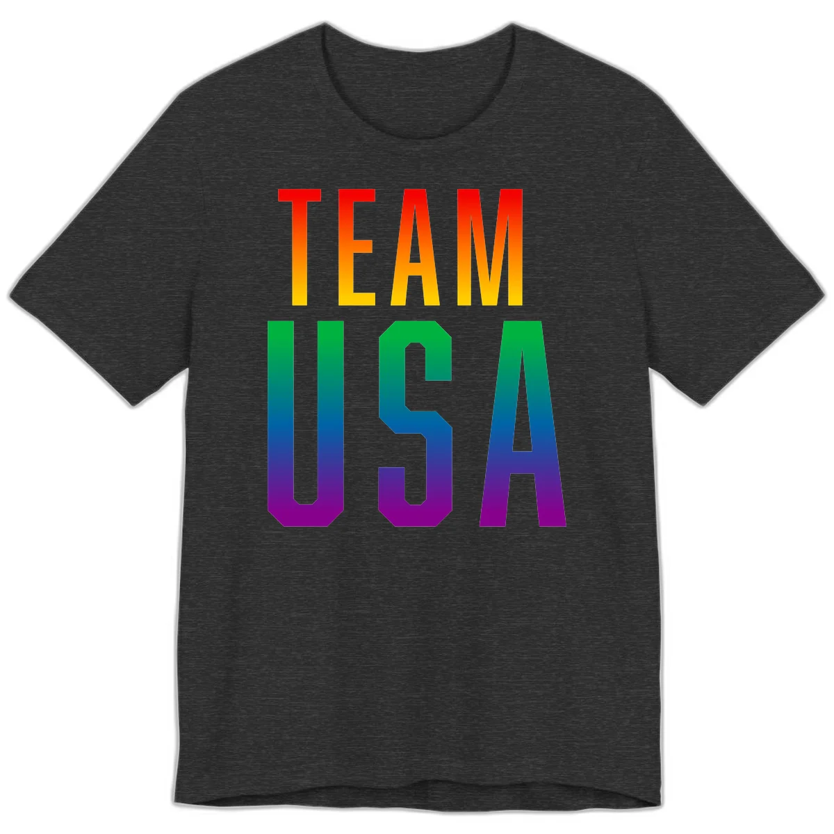 Team USA rainbow pride design with bold text gradient from red to purple representing LGBTQ+ flag colors in Dark Grey Heather