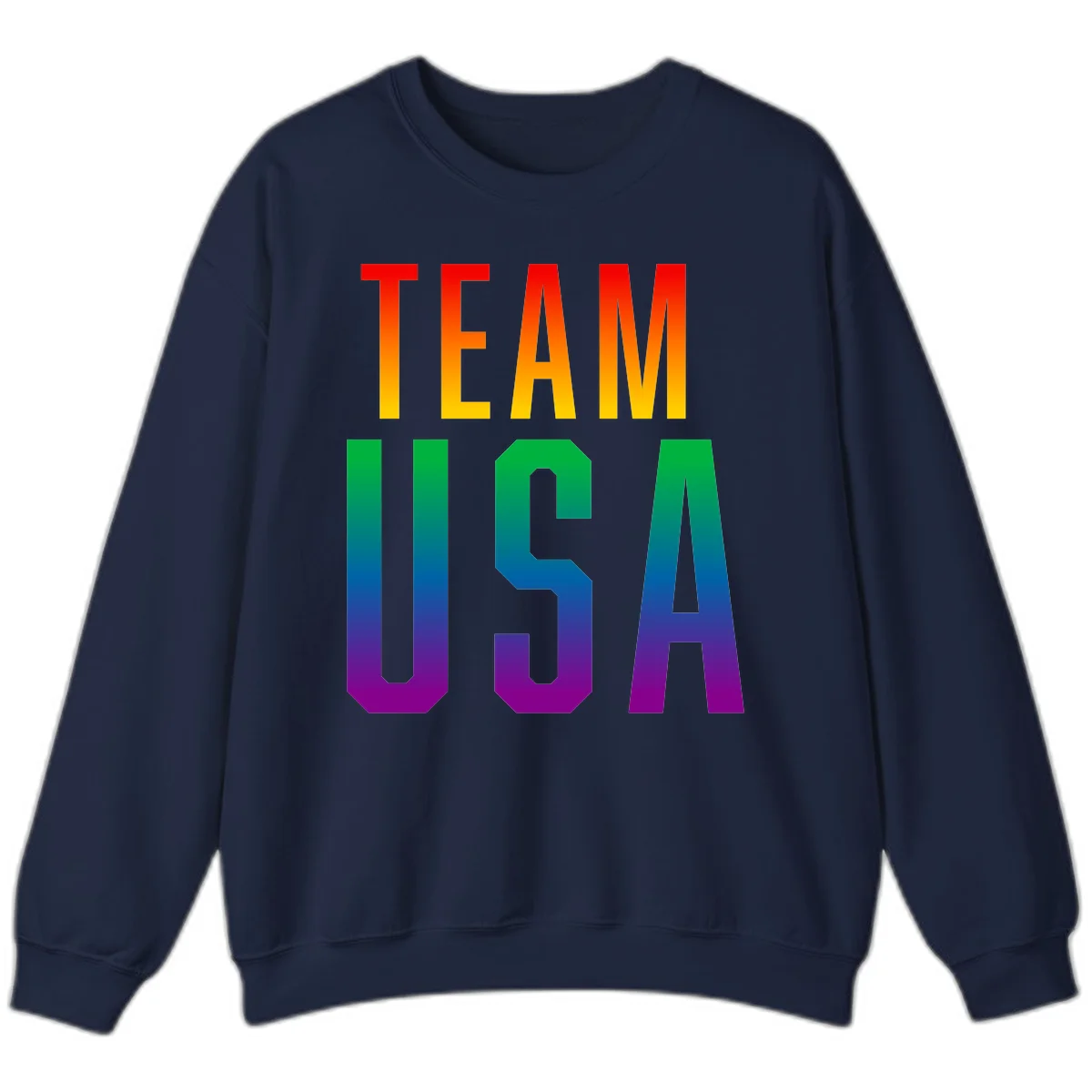 Team USA rainbow pride design with bold text gradient from red to purple representing LGBTQ+ flag colors in Navy