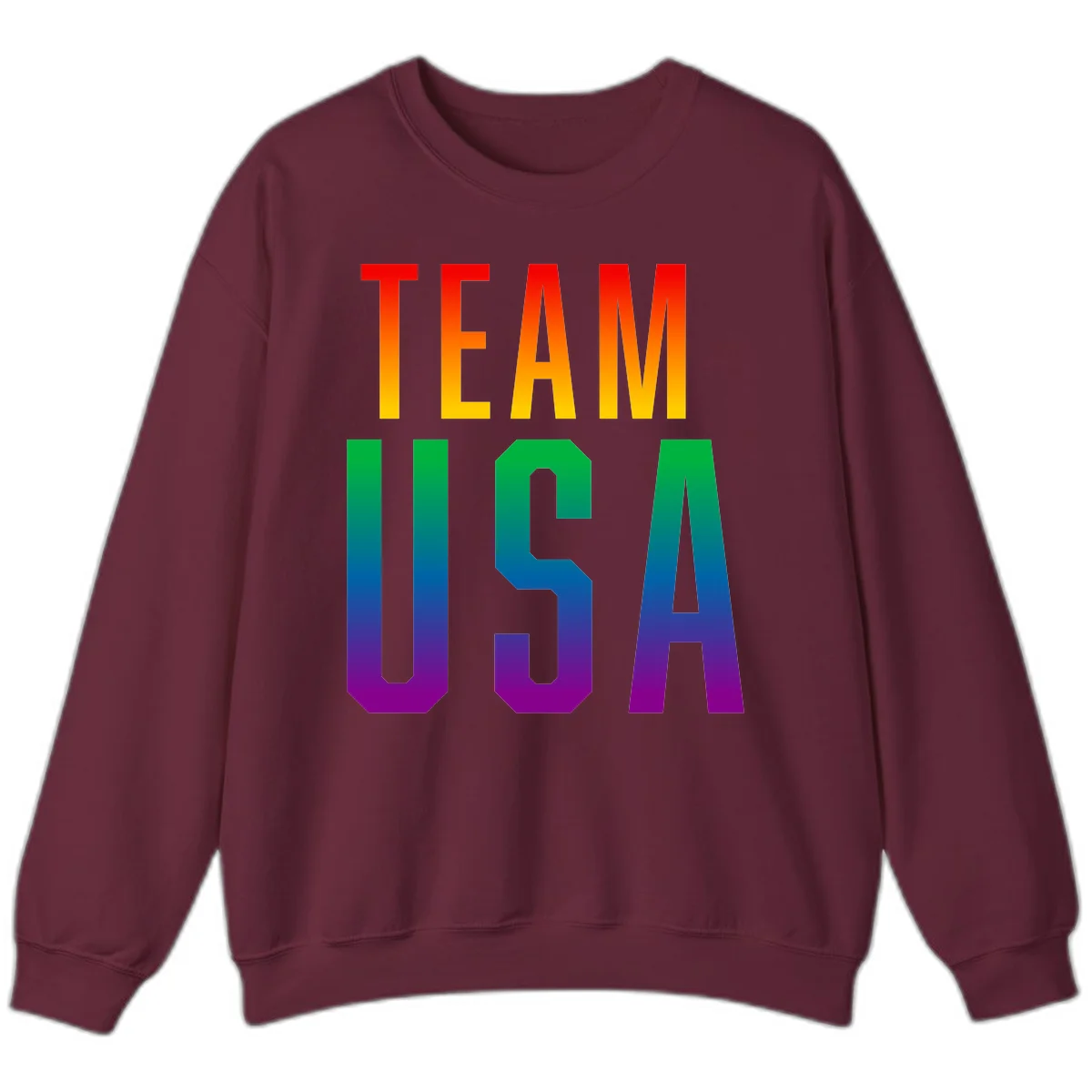 Team USA rainbow pride design with bold text gradient from red to purple representing LGBTQ+ flag colors in Maroon
