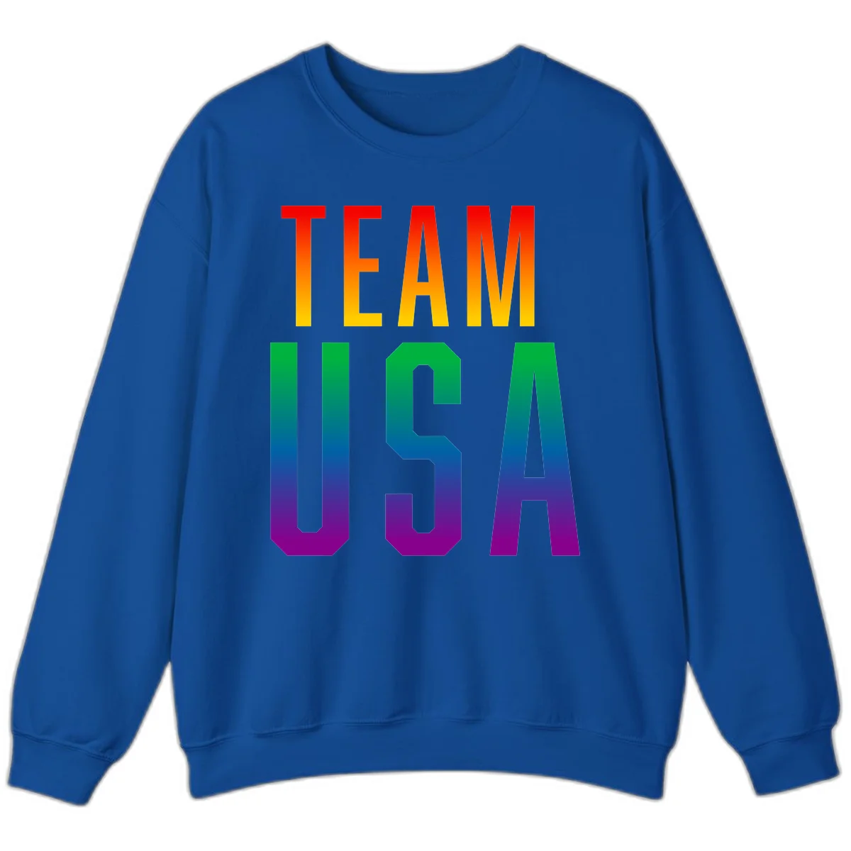 Team USA rainbow pride design with bold text gradient from red to purple representing LGBTQ+ flag colors in Royal
