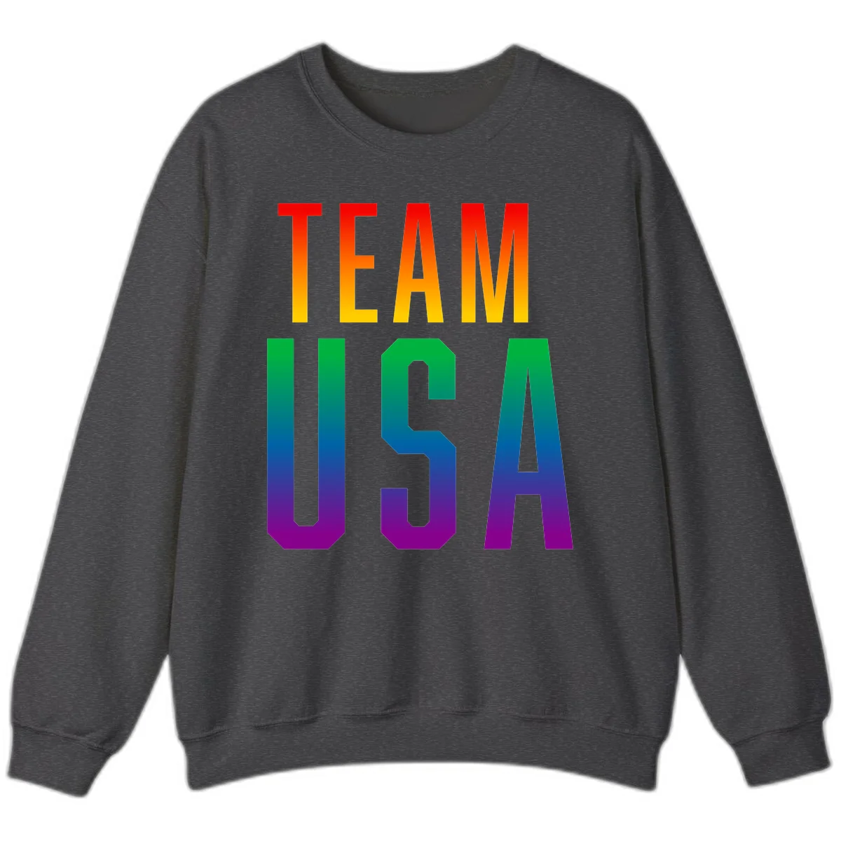 Team USA rainbow pride design with bold text gradient from red to purple representing LGBTQ+ flag colors in Dark Heather