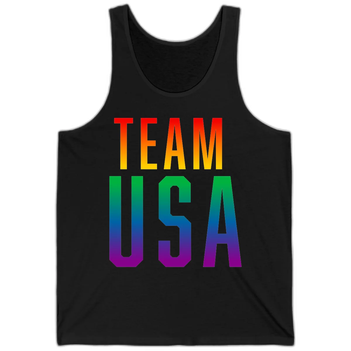 Team USA rainbow pride design with bold text gradient from red to purple representing LGBTQ+ flag colors in Black