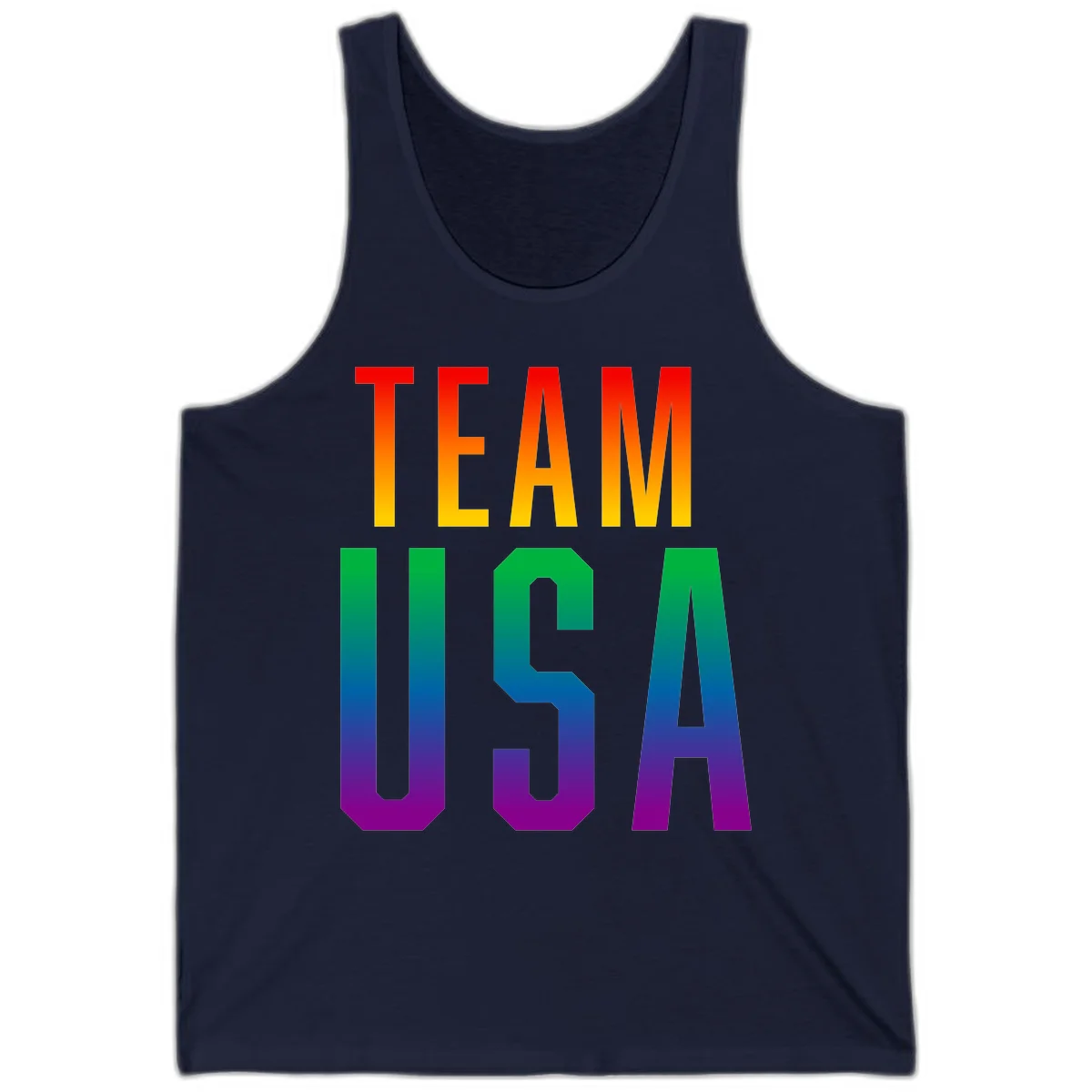 Team USA rainbow pride design with bold text gradient from red to purple representing LGBTQ+ flag colors in Navy