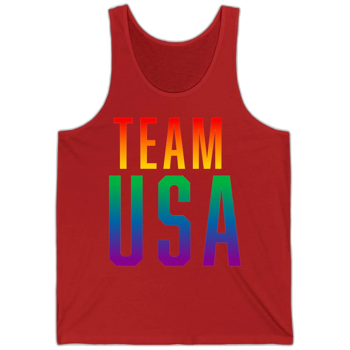 Team USA rainbow pride design with bold text gradient from red to purple representing LGBTQ+ flag colors in Red