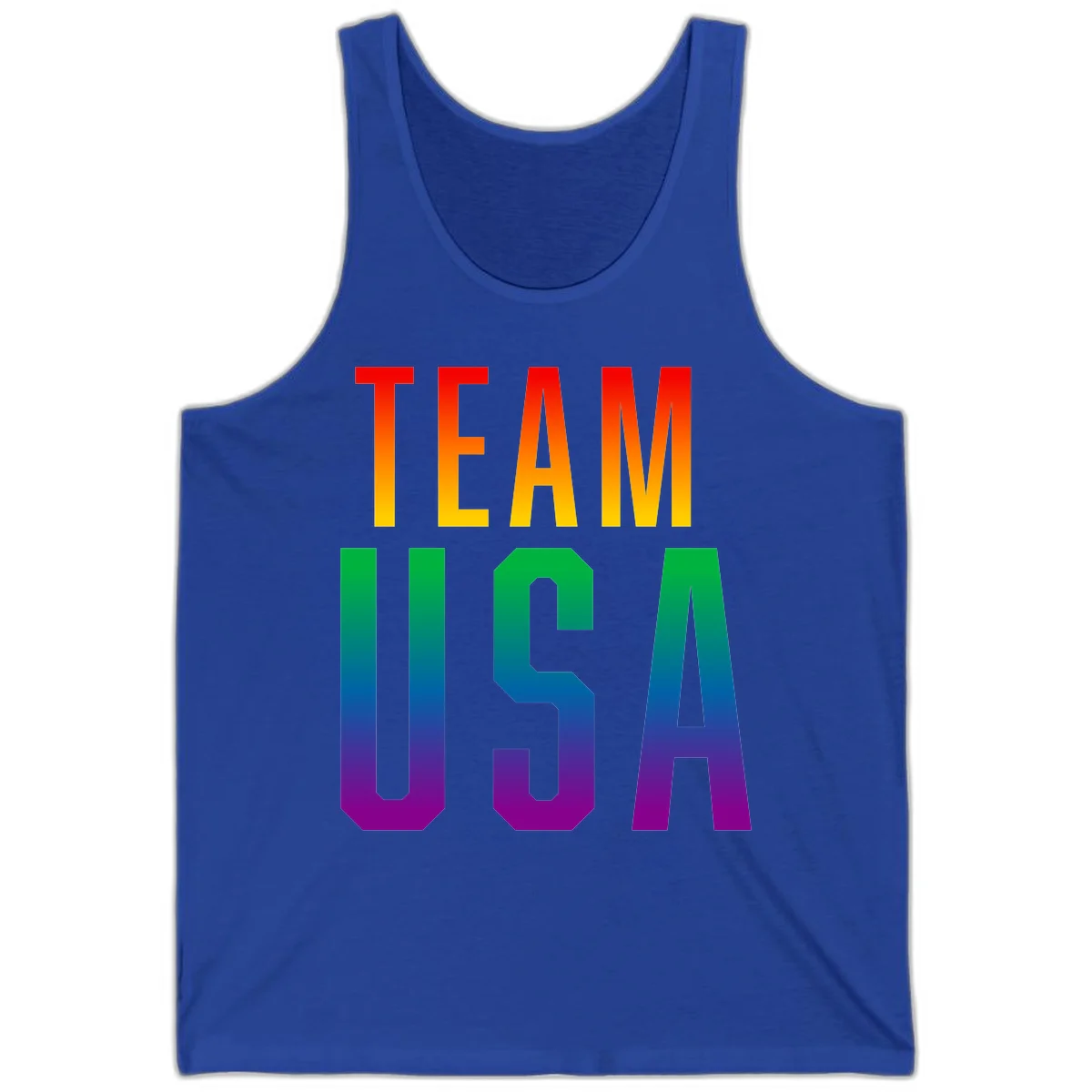 Team USA rainbow pride design with bold text gradient from red to purple representing LGBTQ+ flag colors in True Royal