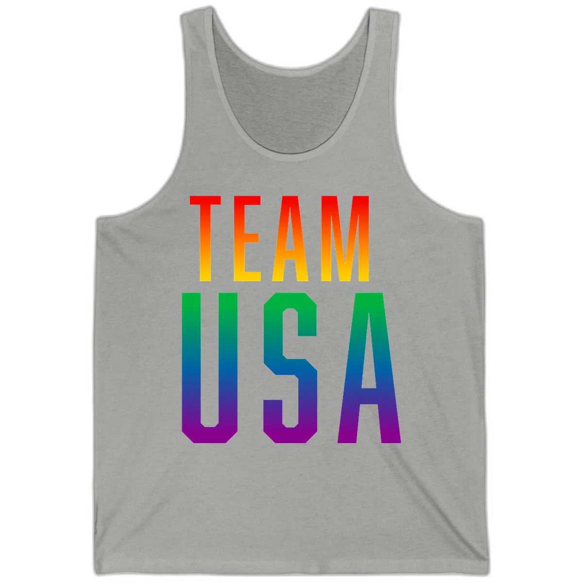 Team USA rainbow pride design with bold text gradient from red to purple representing LGBTQ+ flag colors in Athletic Heather