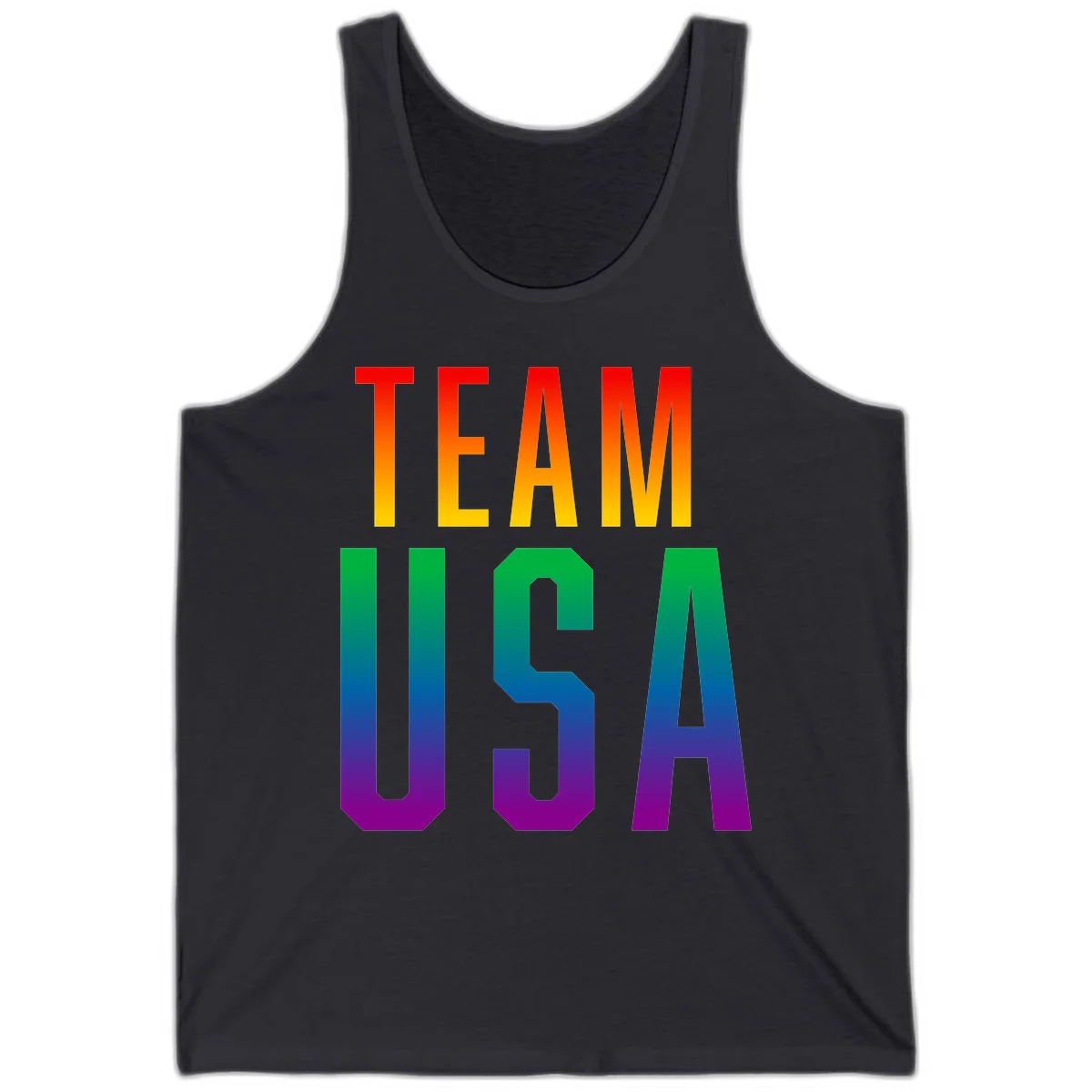 Team USA rainbow pride design with bold text gradient from red to purple representing LGBTQ+ flag colors in Dark Grey