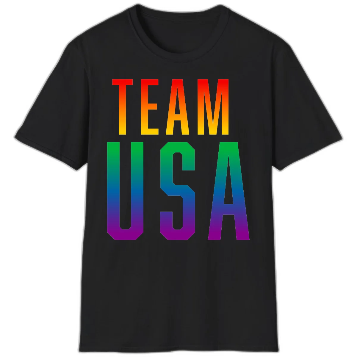 Team USA rainbow pride design with bold text gradient from red to purple representing LGBTQ+ flag colors in Black