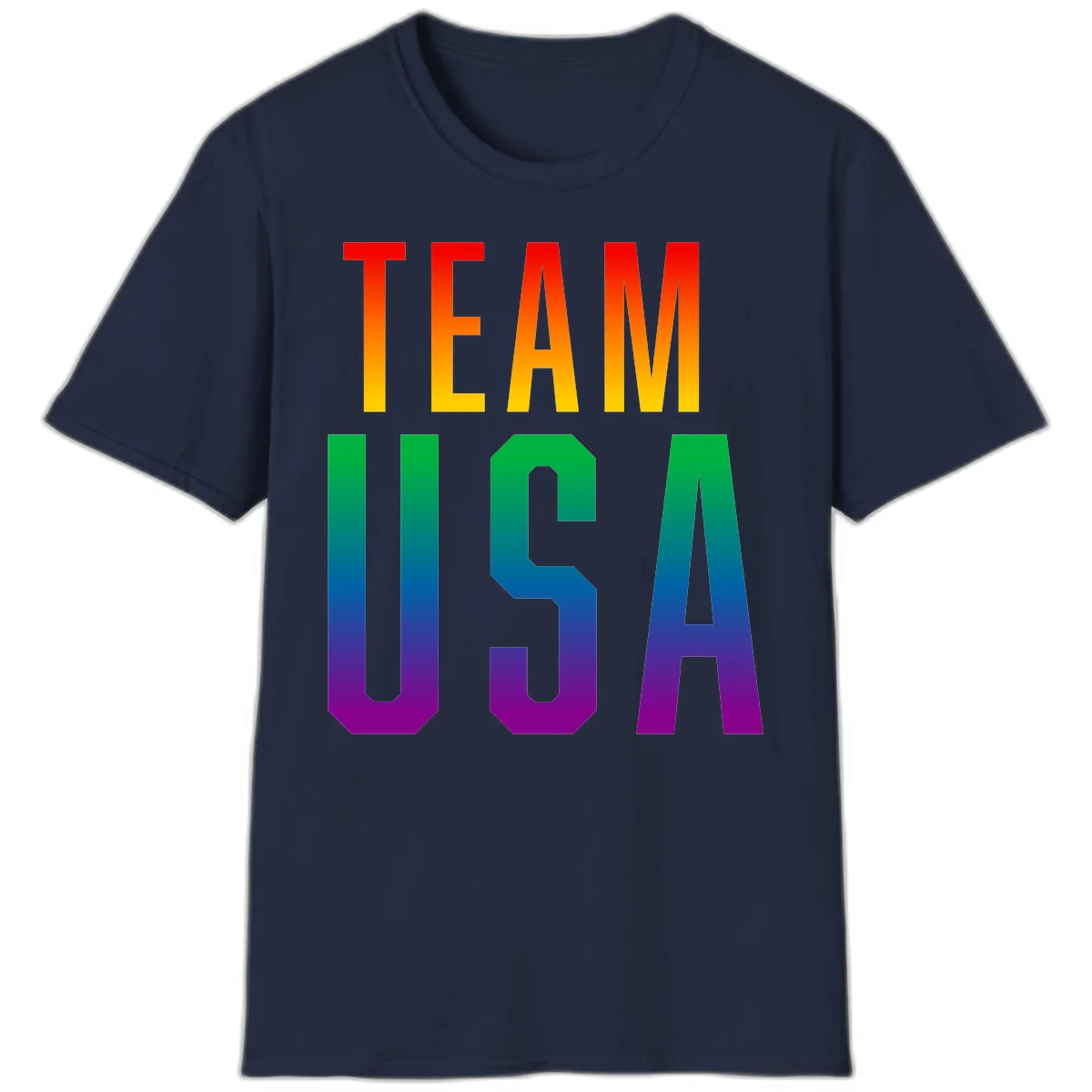 Team USA rainbow pride design with bold text gradient from red to purple representing LGBTQ+ flag colors in Navy