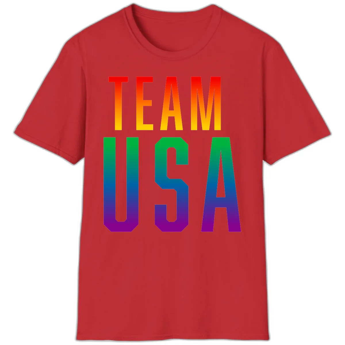 Team USA rainbow pride design with bold text gradient from red to purple representing LGBTQ+ flag colors in Red