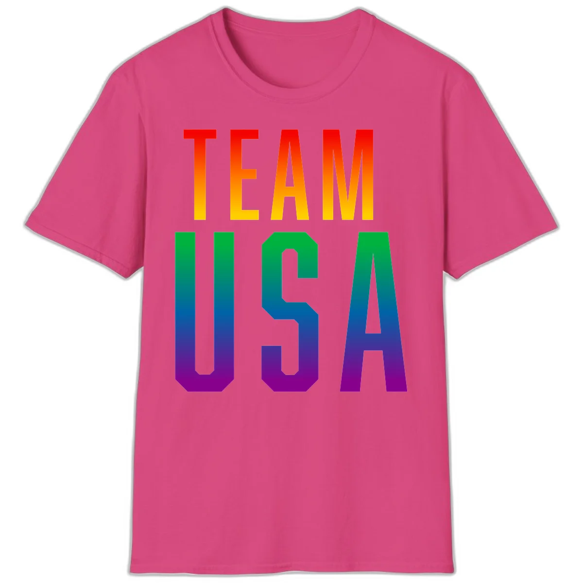 Team USA rainbow pride design with bold text gradient from red to purple representing LGBTQ+ flag colors in Heliconia