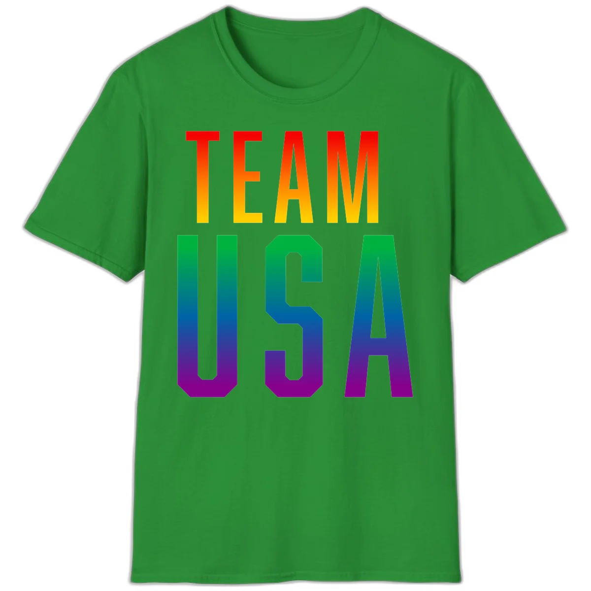 Team USA rainbow pride design with bold text gradient from red to purple representing LGBTQ+ flag colors in Irish Green