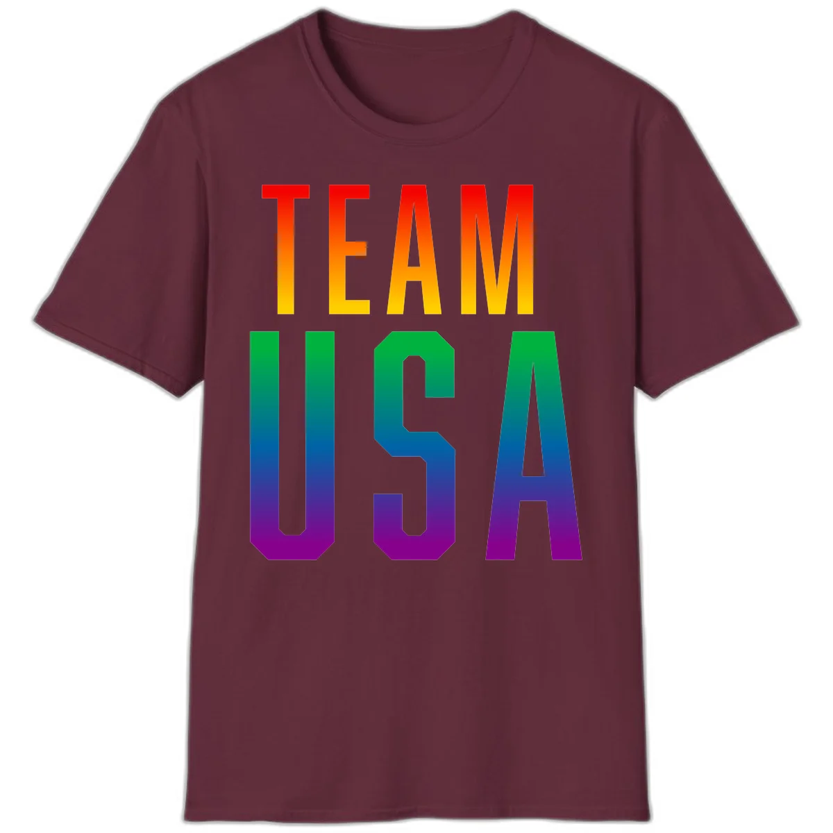 Team USA rainbow pride design with bold text gradient from red to purple representing LGBTQ+ flag colors in Maroon